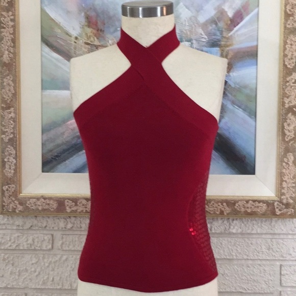 Yuka Tops - Yuka Sequin Side Mock Crisscross Neck Halter Top